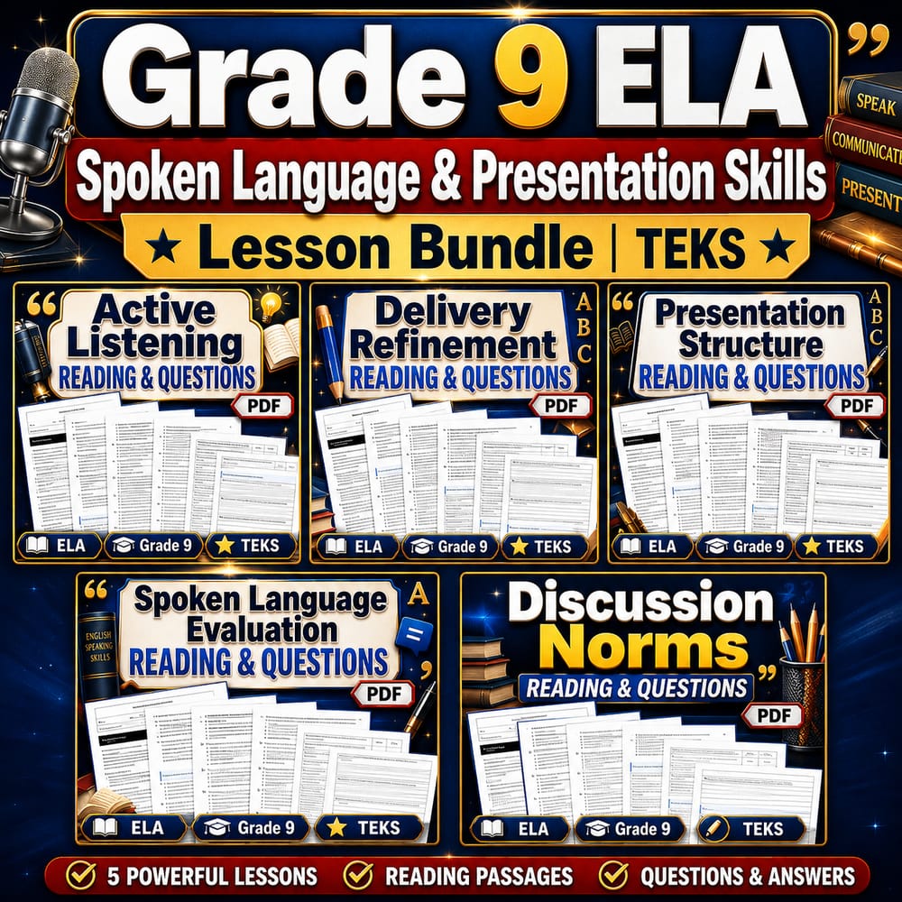 Grade 9 ELA Spoken Language & Presentation Skills Lesson Bundle | TEKS — bundle cover