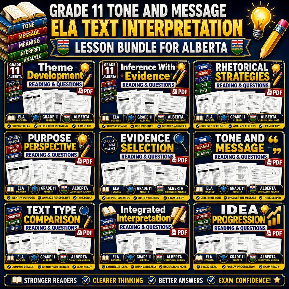 Grade 11 Tone and Message ELA Text Interpretation Lesson Bundle for Alberta — bundle cover