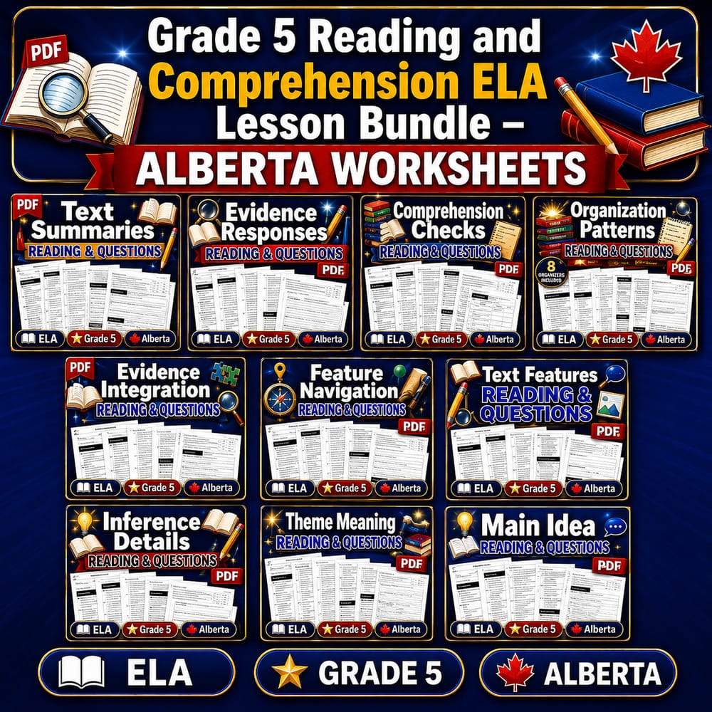 Grade 5 Reading and Comprehension ELA Lesson Bundle – Alberta Worksheets — bundle cover