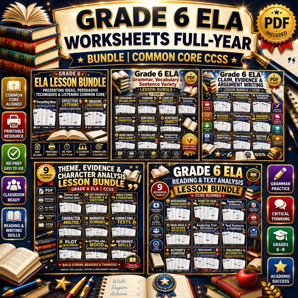Grade 6 ELA Worksheets Full-Year Bundle | Common Core CCSS — bundle cover