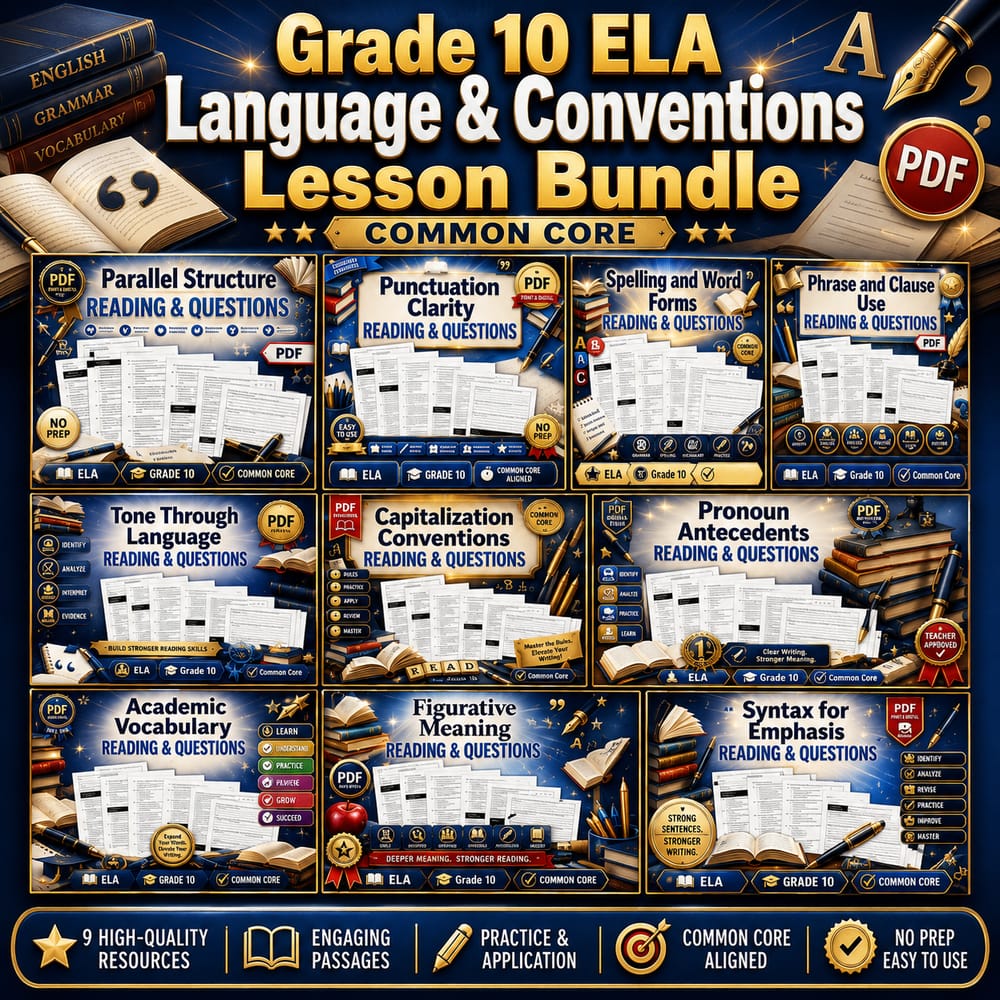 Grade 10 ELA Language & Conventions Lesson Bundle | Common Core — bundle cover