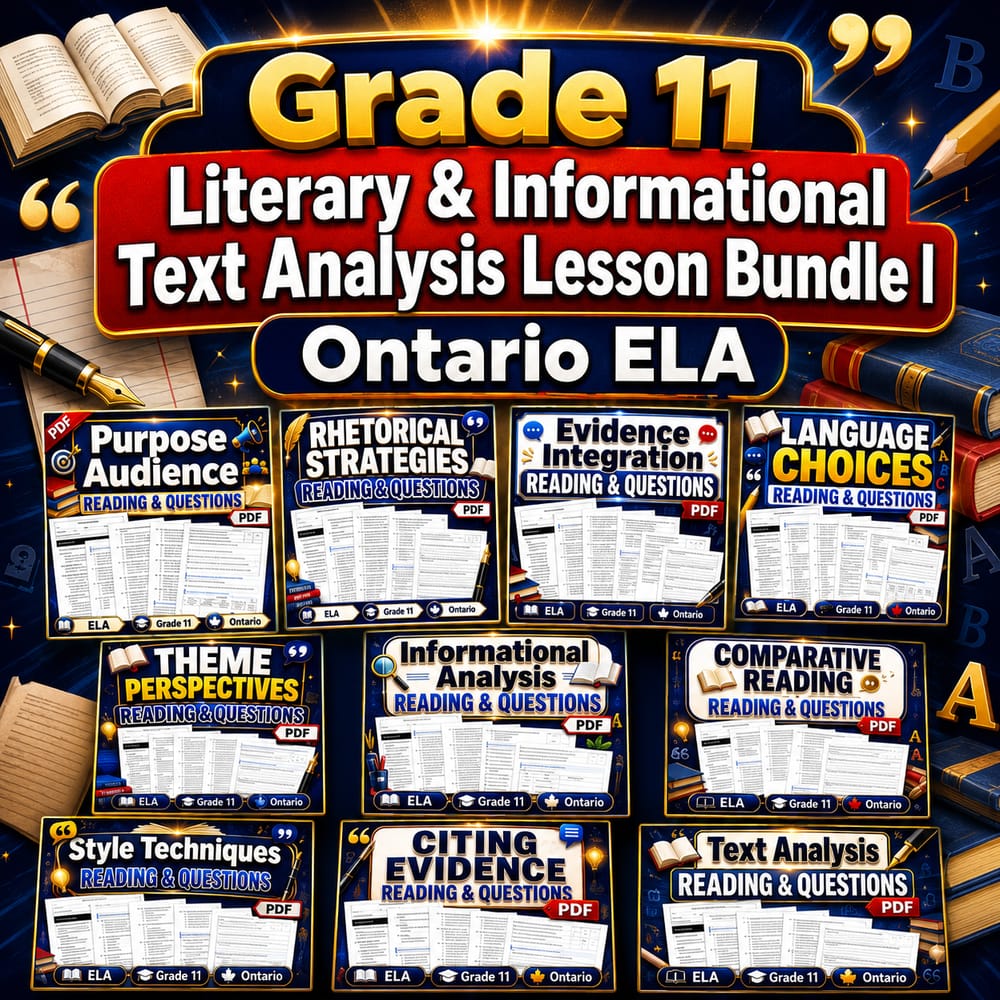 Grade 11 Literary & Informational Text Analysis Lesson Bundle | Ontario ELA — bundle cover