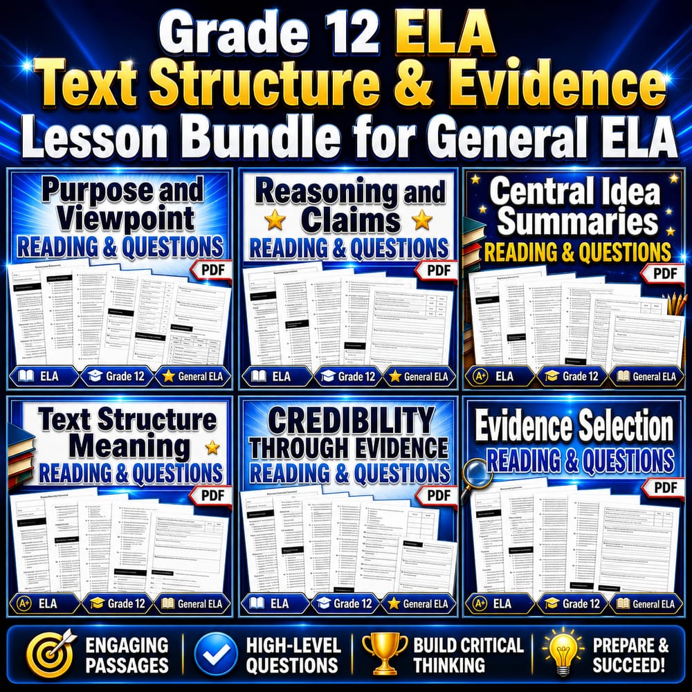 Grade 12 ELA Text Structure & Evidence Lesson Bundle for General ELA — bundle cover