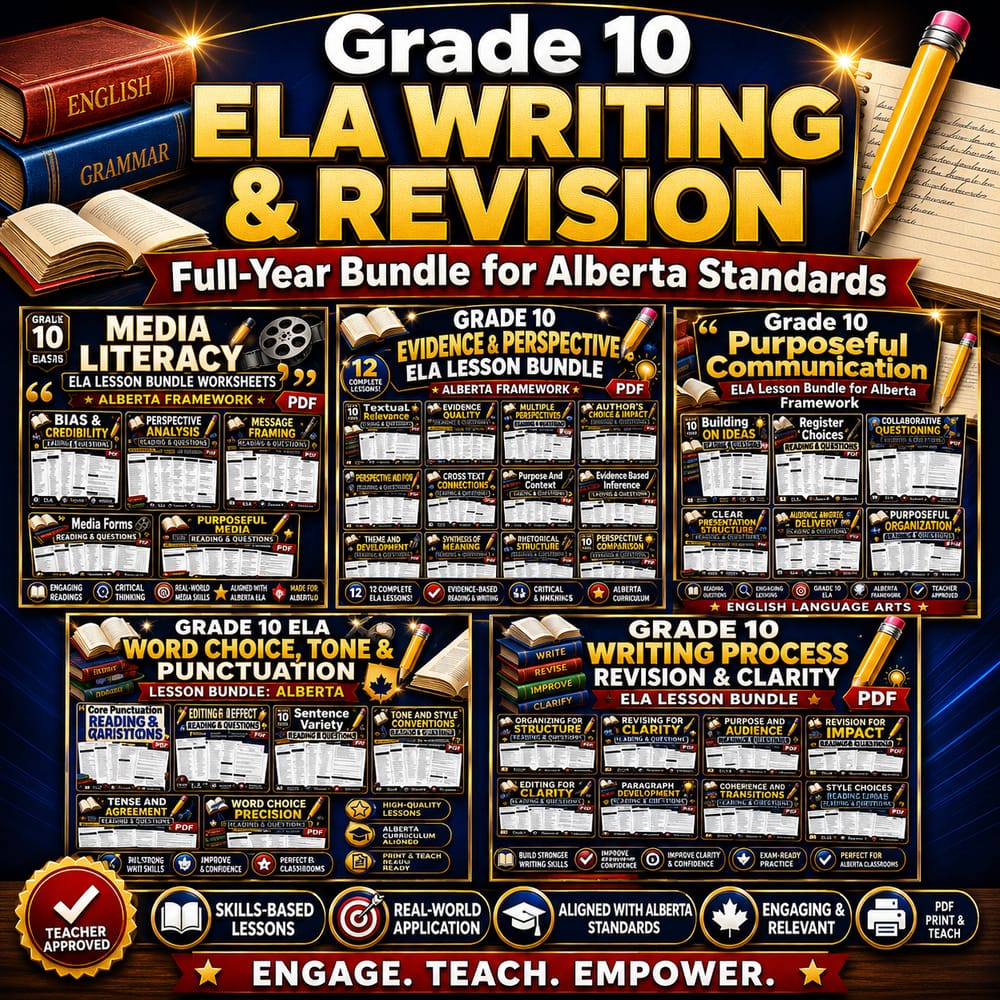 Grade 10 ELA Writing & Revision Full-Year Bundle for Alberta Standards — bundle cover