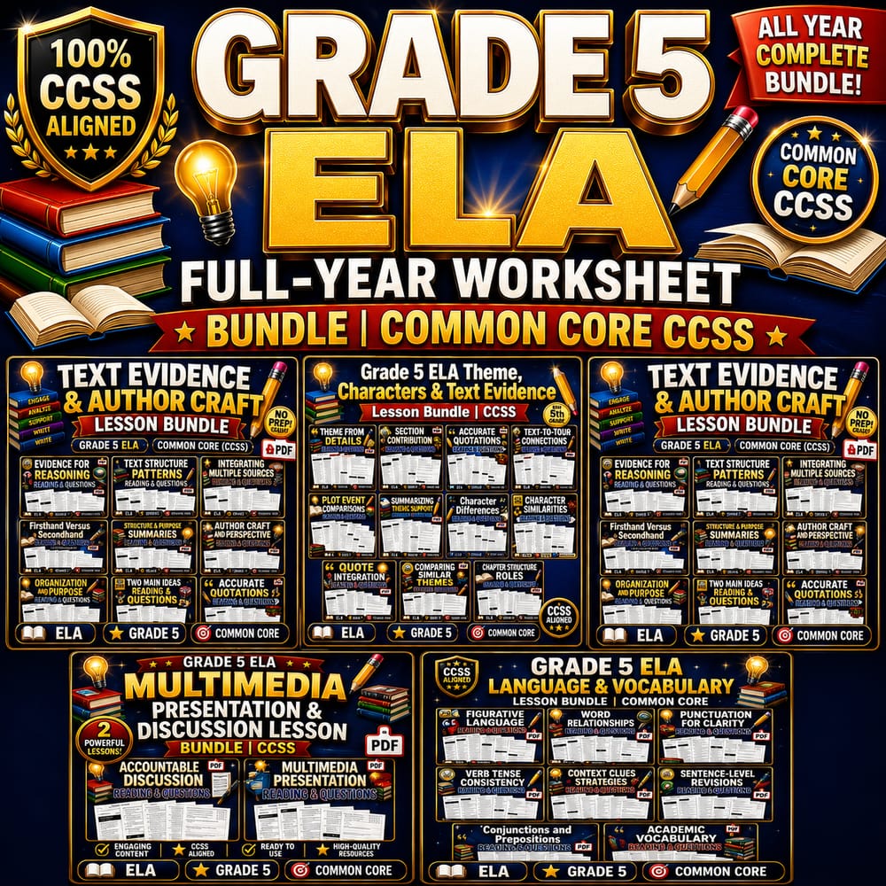 Grade 5 ELA Full-Year Worksheet Bundle | Common Core CCSS — bundle cover