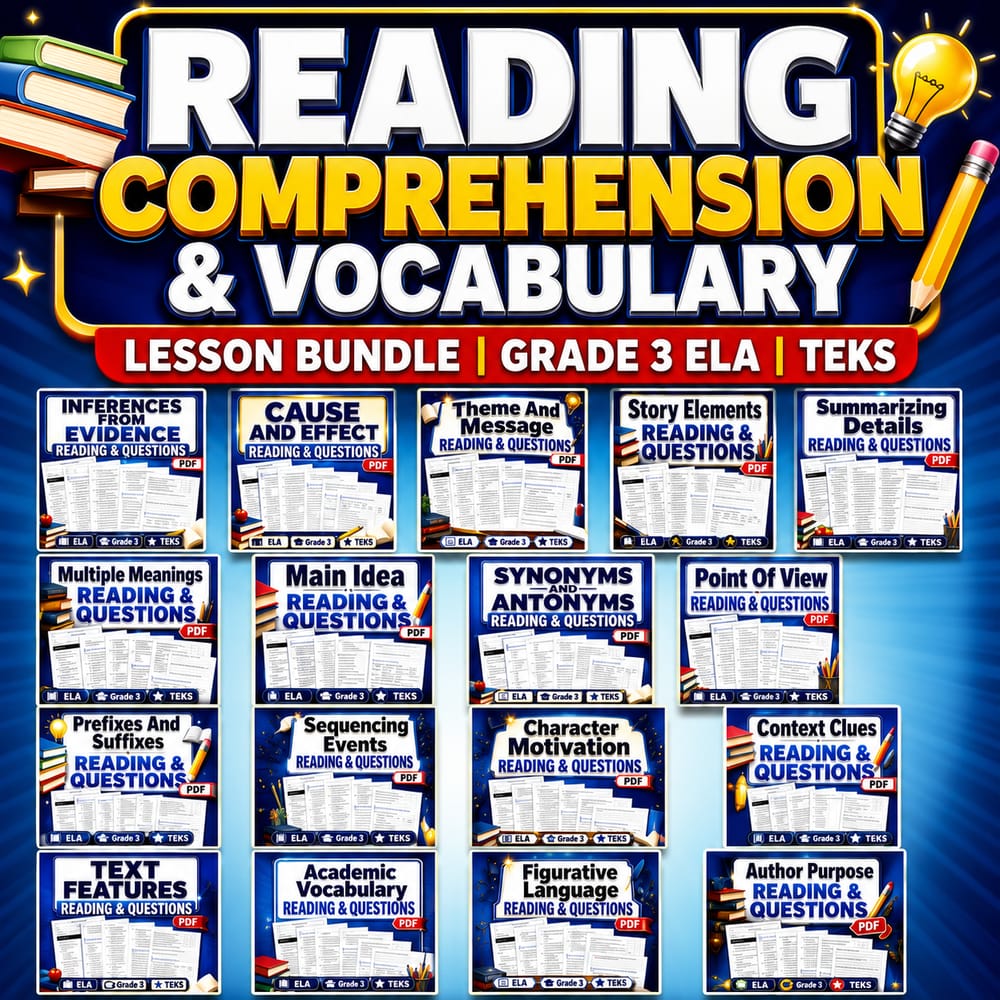 Reading Comprehension & Vocabulary Lesson Bundle | Grade 3 ELA | TEKS — bundle cover