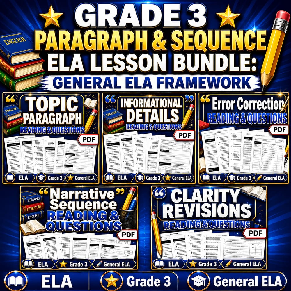 Grade 3 Paragraph & Sequence ELA Lesson Bundle: General ELA Framework — bundle cover