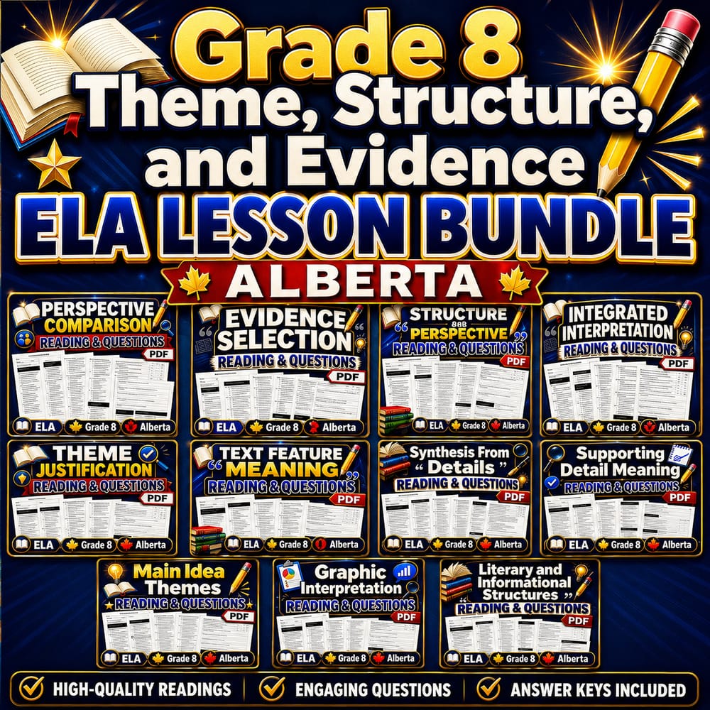 Grade 8 Theme, Structure, and Evidence ELA Lesson Bundle – Alberta — bundle cover