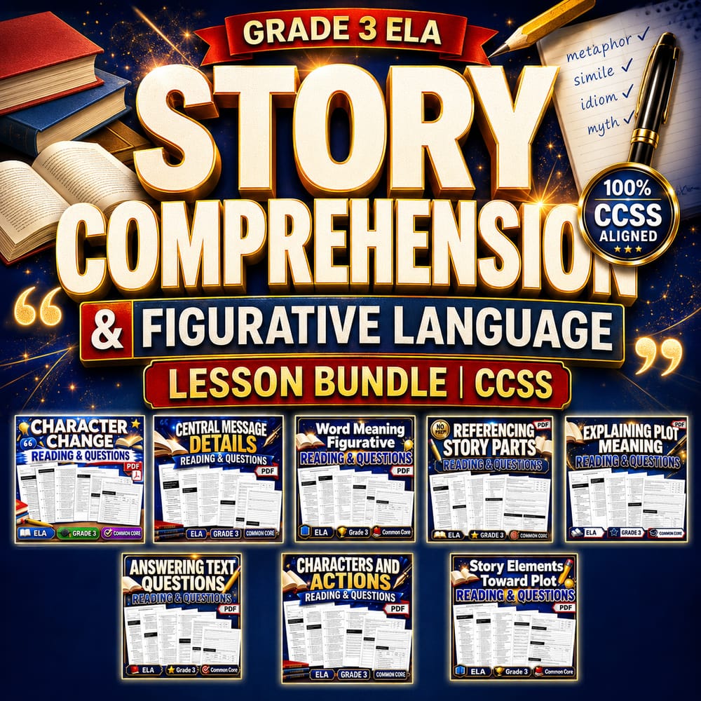 Grade 3 ELA Story Comprehension & Figurative Language Lesson Bundle | CCSS — bundle cover