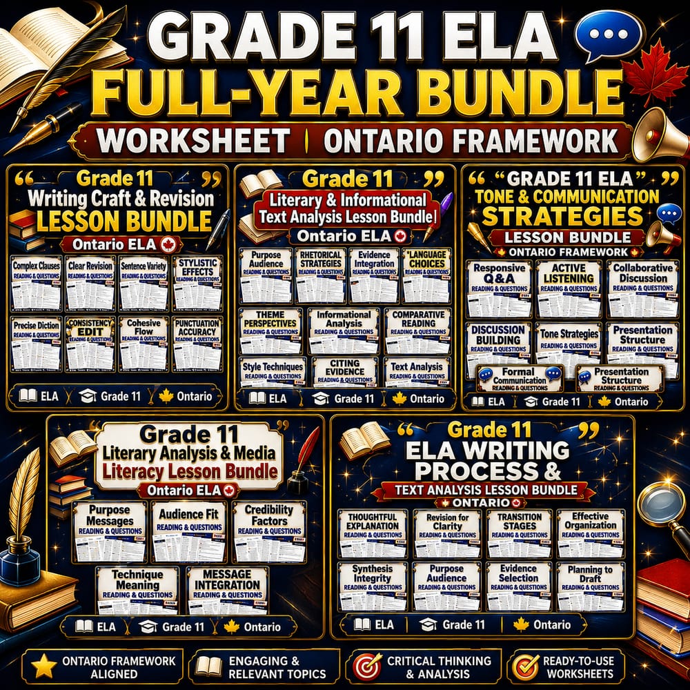 Grade 11 ELA Full-Year Bundle Worksheet | Ontario Framework — bundle cover