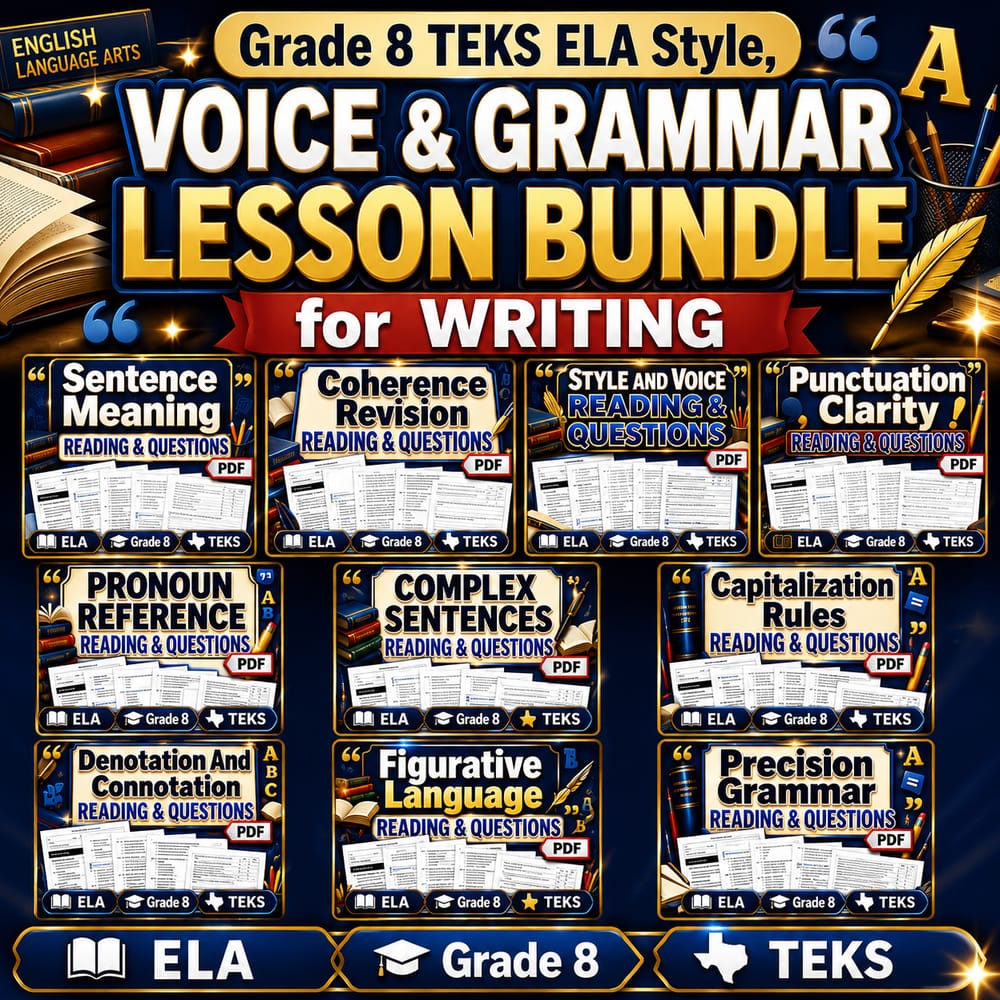 Grade 8 TEKS ELA Style, Voice & Grammar Lesson Bundle for Writing — bundle cover