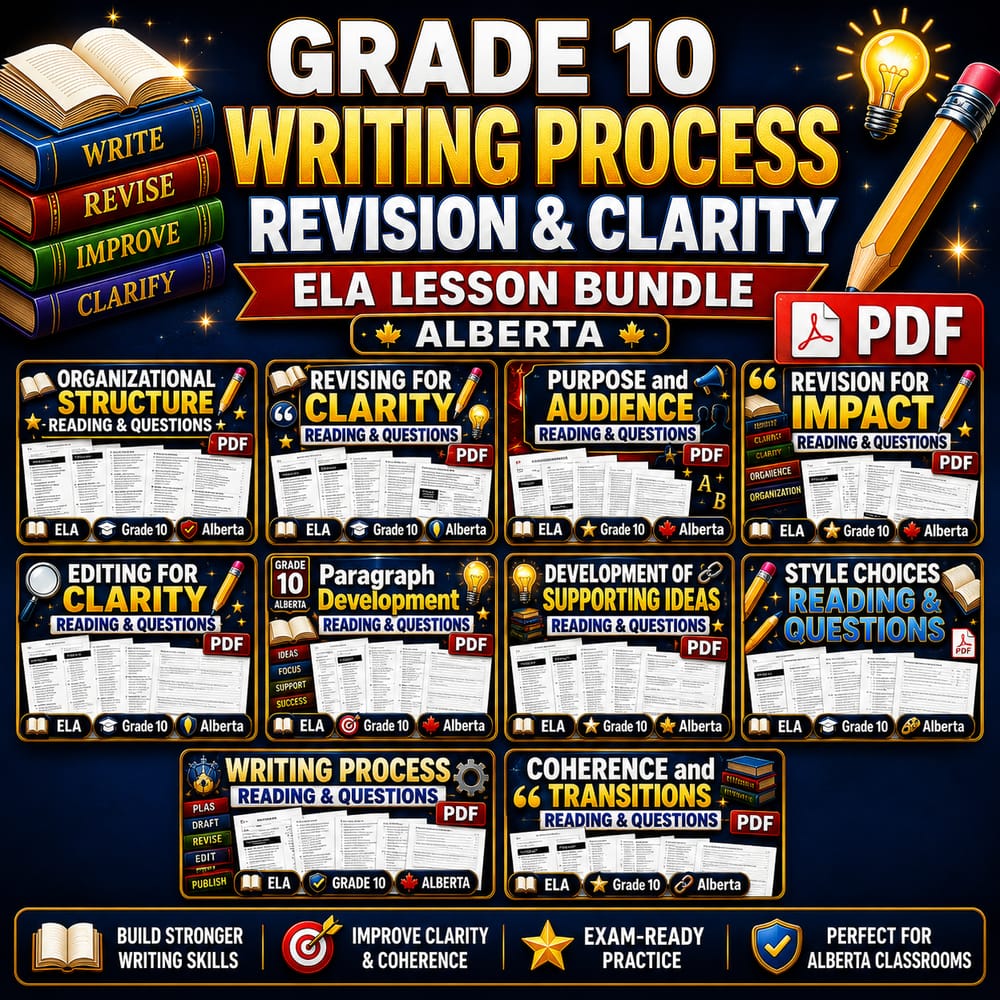 Grade 10 Writing Process, Revision & Clarity ELA Lesson Bundle – Alberta — bundle cover
