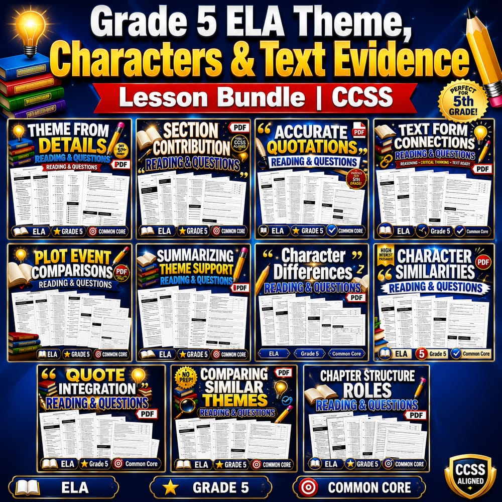 Grade 5 ELA Theme, Characters & Text Evidence Lesson Bundle | CCSS — bundle cover