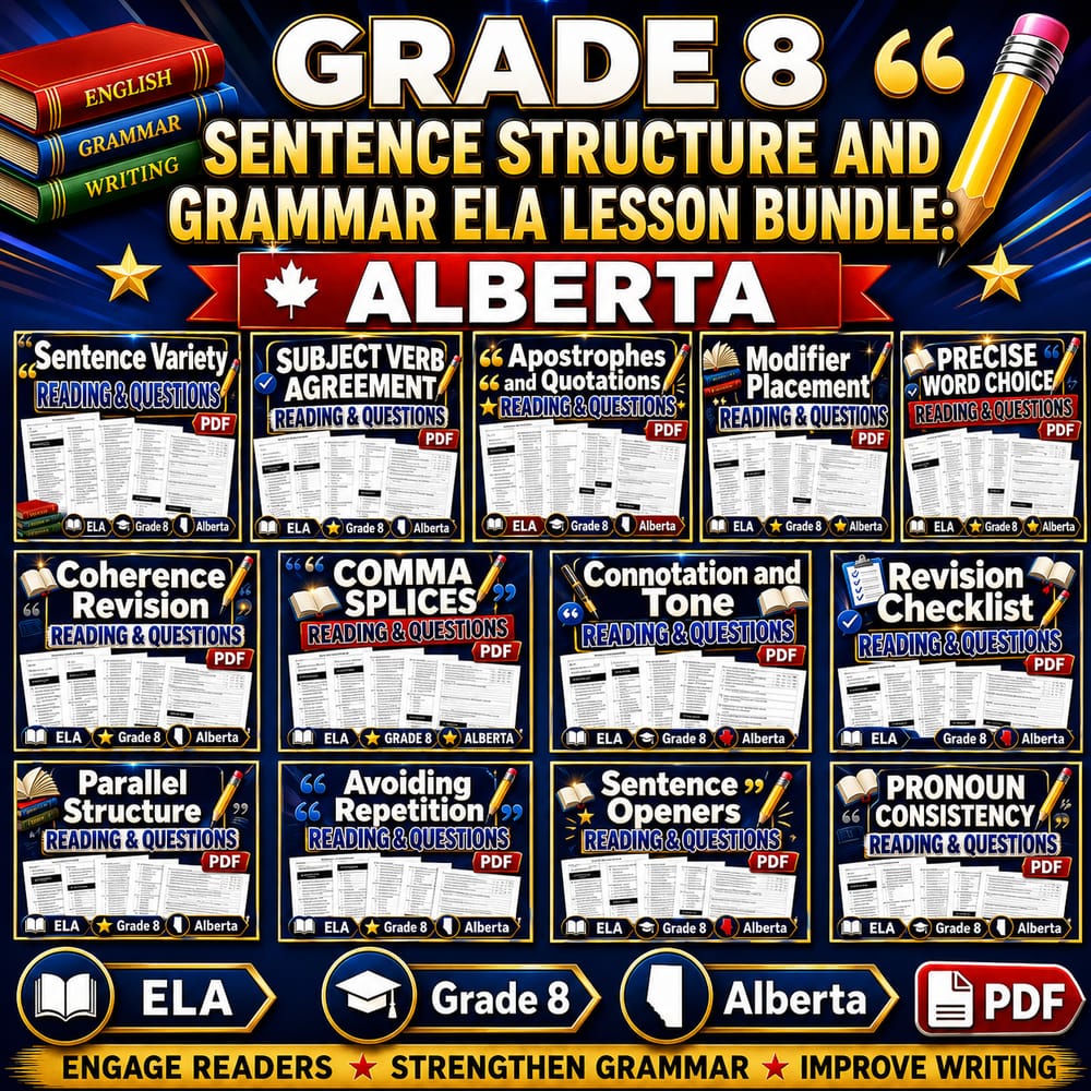 Grade 8 Sentence Structure and Grammar ELA Lesson Bundle: Alberta — bundle cover