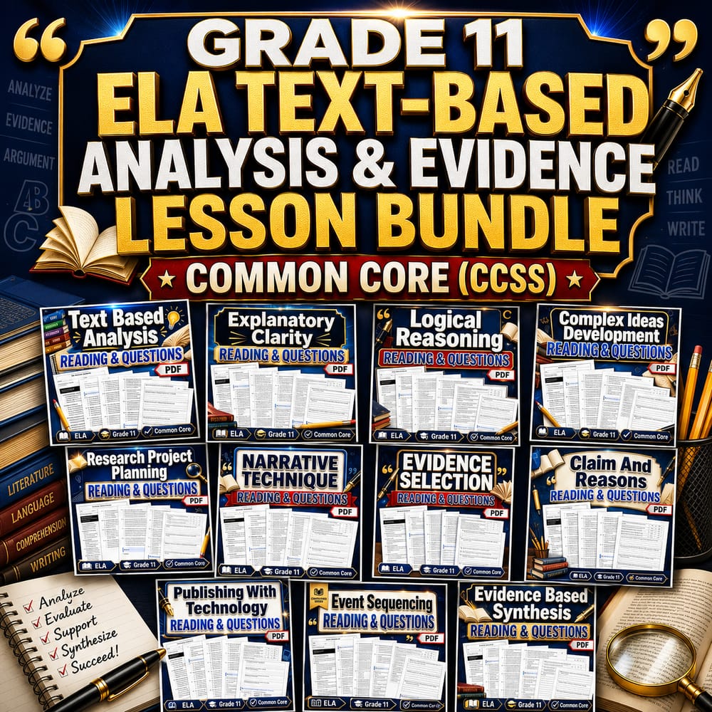 Grade 11 ELA Text-Based Analysis & Evidence Lesson Bundle | Common Core (CCSS) — bundle cover