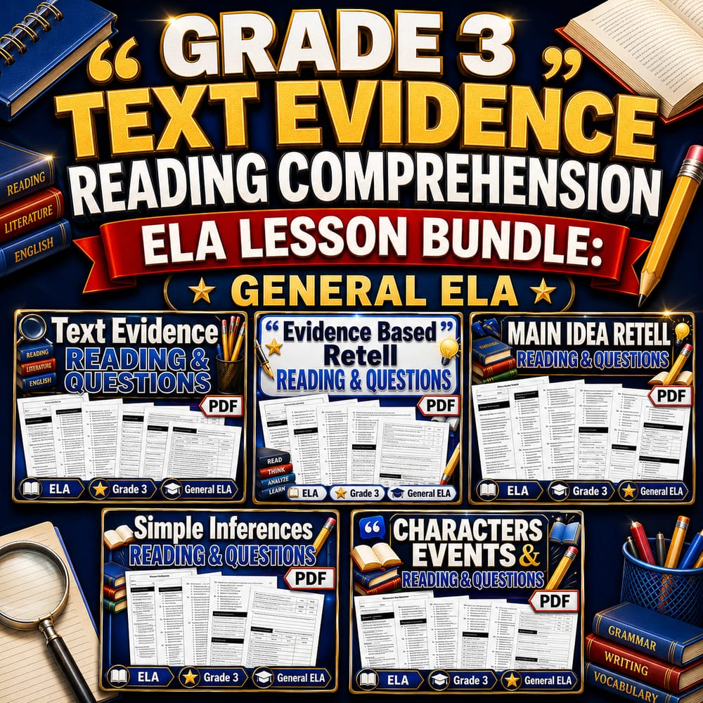 Grade 3 Text Evidence Reading Comprehension ELA Lesson Bundle: General ELA — bundle cover