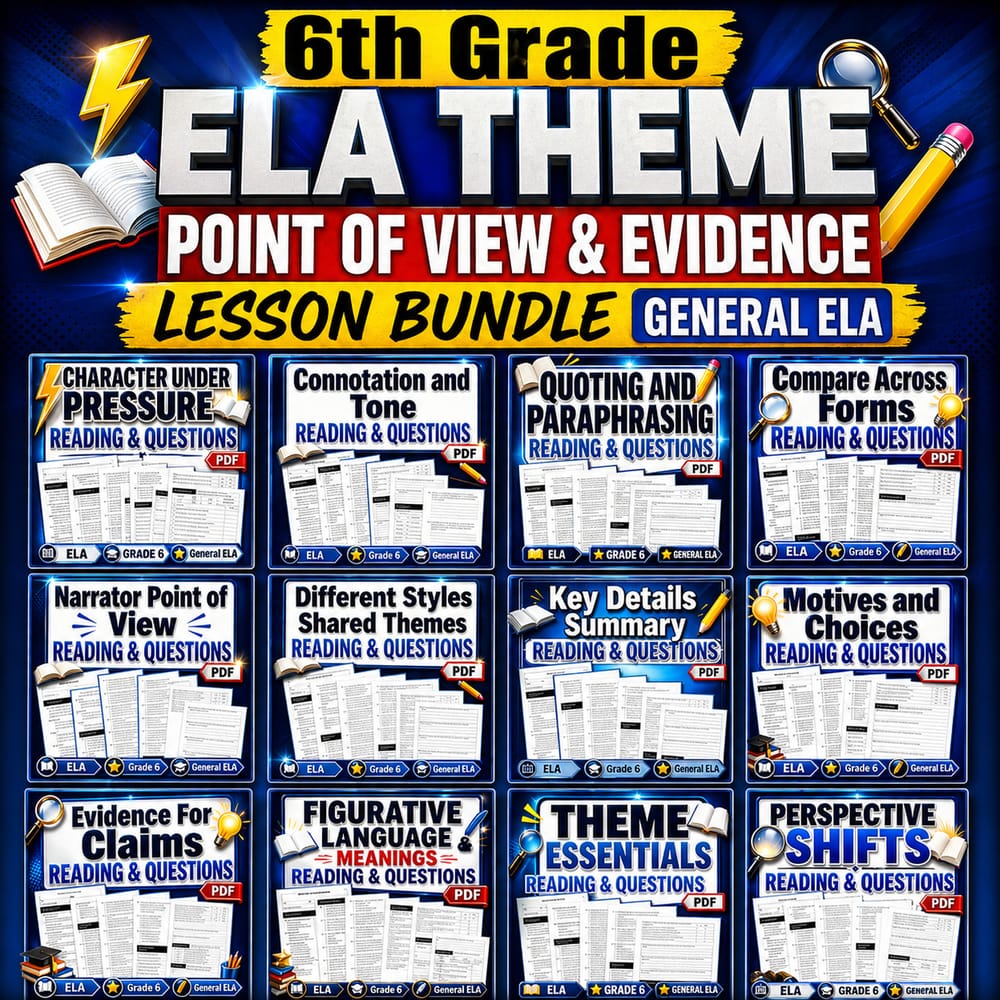 6th Grade ELA Theme, Point of View & Evidence Lesson Bundle - General ELA — bundle cover
