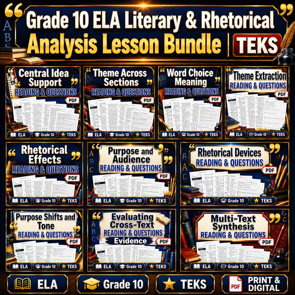 Grade 10 ELA Literary & Rhetorical Analysis Lesson Bundle | TEKS — bundle cover