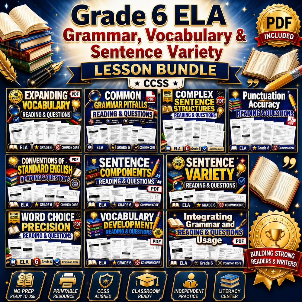 Grade 6 ELA Grammar, Vocabulary & Sentence Variety Lesson Bundle | CCSS — bundle cover