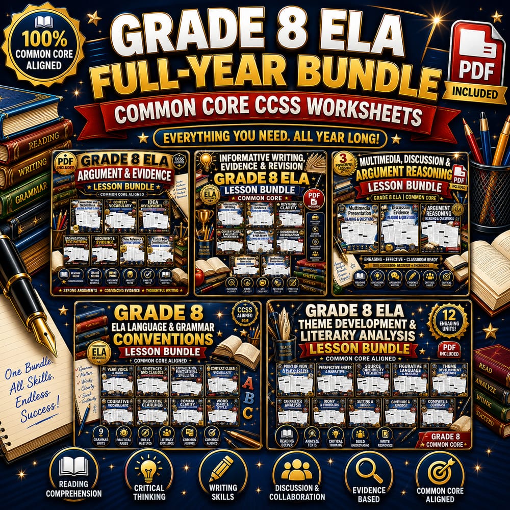 Grade 8 ELA Full-Year Bundle | Common Core CCSS Worksheets — bundle cover
