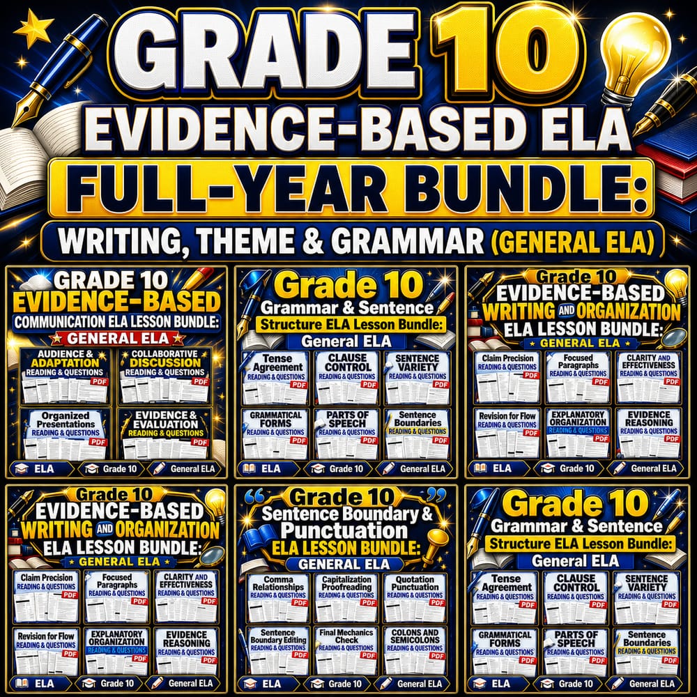 Grade 10 Evidence-Based ELA Full-Year Bundle: Writing, Theme & Grammar  — bundle cover