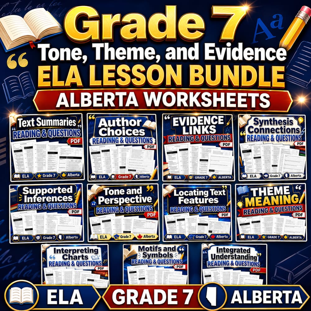 Grade 7 Tone, Theme, and Evidence ELA lesson bundle – Alberta worksheets — bundle cover