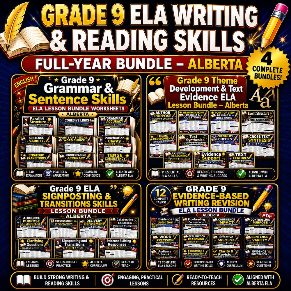 Grade 9 ELA Writing & Reading Skills Full-Year Bundle – Alberta — bundle cover