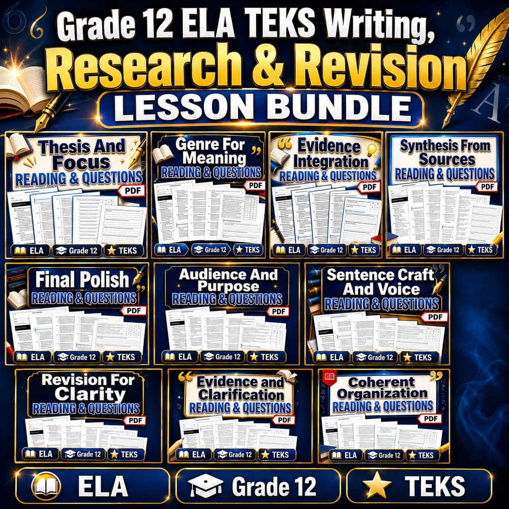 Grade 12 ELA TEKS Writing, Research & Revision Lesson Bundle — bundle cover