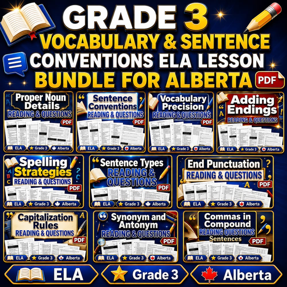 Grade 3 Vocabulary & Sentence Conventions ELA Lesson Bundle for Alberta — bundle cover