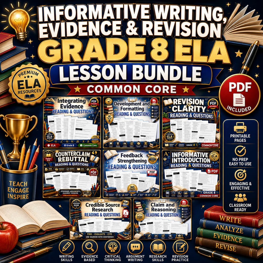 Informative Writing, Evidence & Revision Grade 8 ELA Lesson Bundle | Common Core — bundle cover
