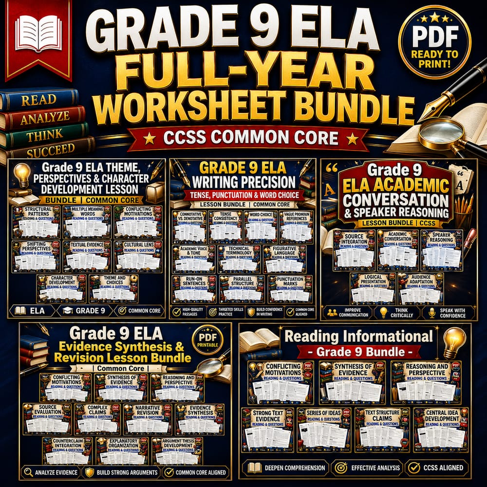 Grade 9 ELA Full-Year Worksheet Bundle | CCSS Common Core — bundle cover