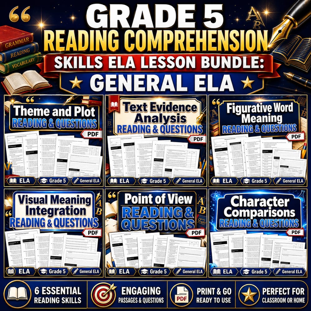 Grade 5 Reading Comprehension Skills ELA Lesson Bundle: General ELA — bundle cover