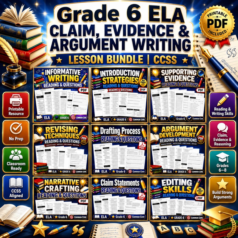 Grade 6 ELA Claim, Evidence & Argument Writing Lesson Bundle | CCSS — bundle cover