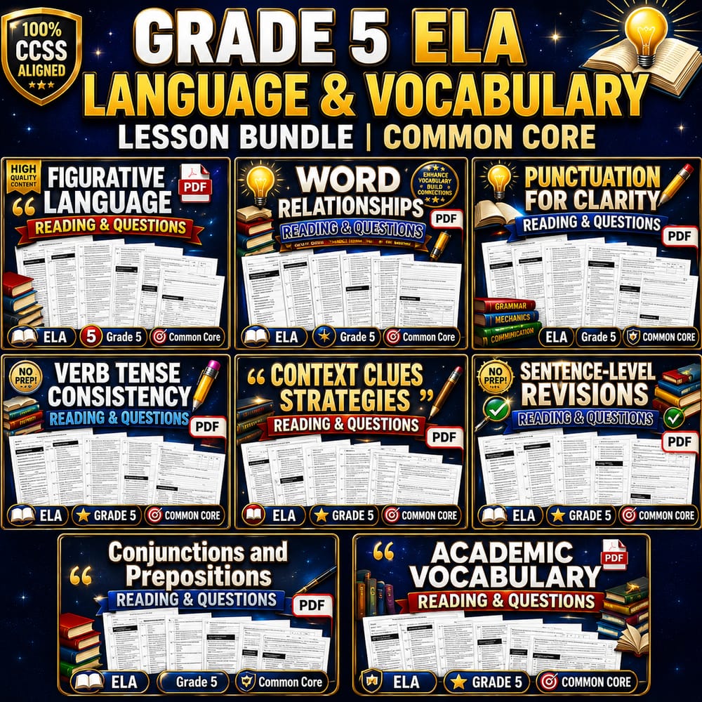 Grade 5 ELA Language & Vocabulary Lesson Bundle | Common Core — bundle cover