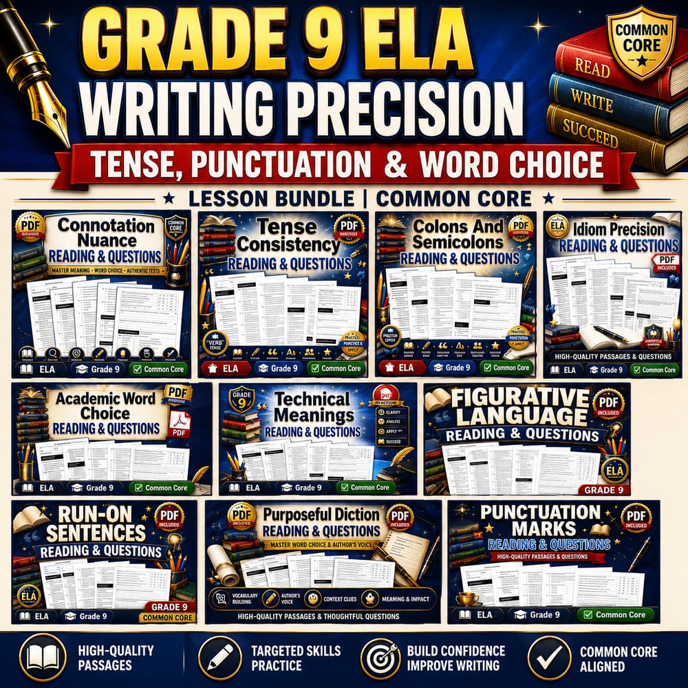 Grade 9 ELA Writing Precision Tense, Punctuation & Word Choice Lessons CCSS — bundle cover