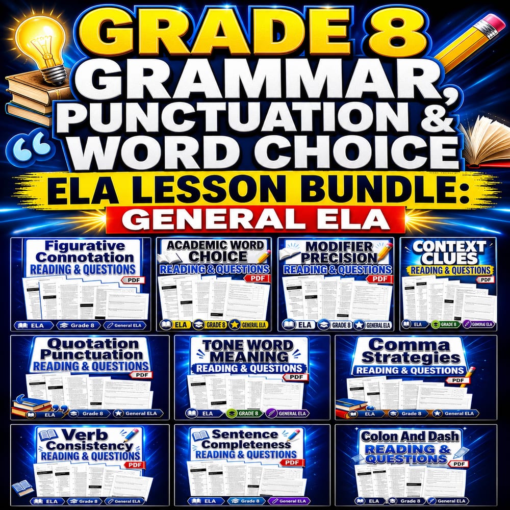 Grade 8 Grammar, Punctuation & Word Choice ELA Lesson Bundle: General ELA — bundle cover