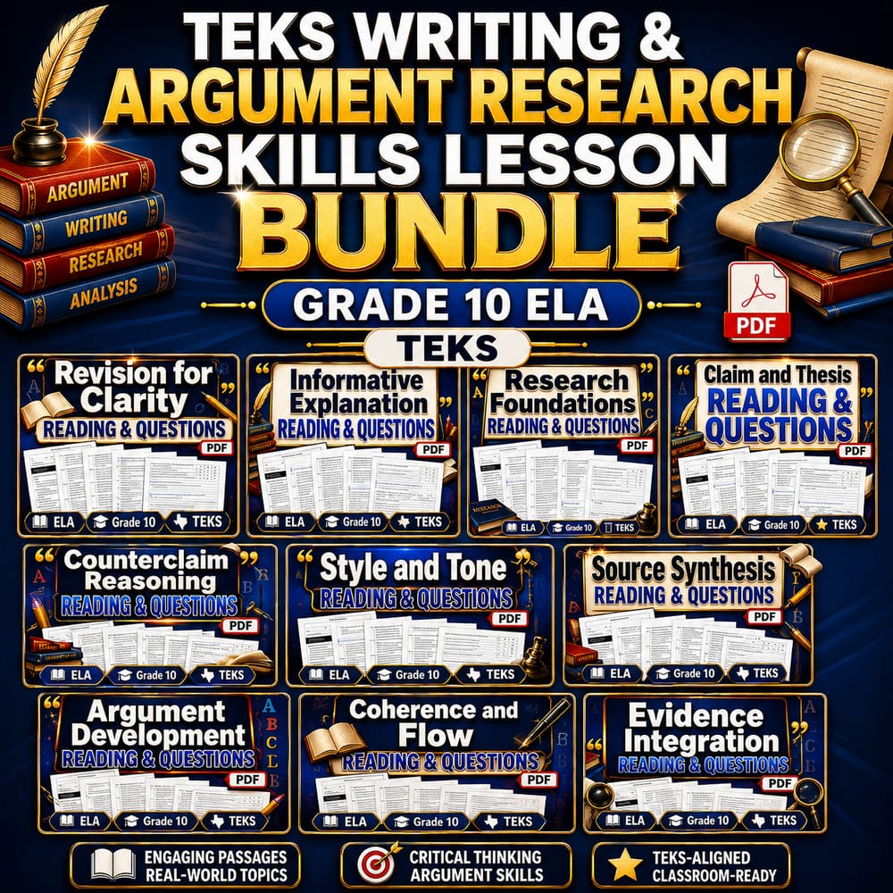 TEKS Writing & Argument Research Skills Lesson Bundle | Grade 10 ELA | TEKS — bundle cover