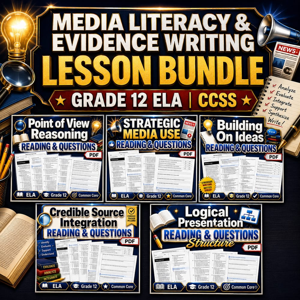 Media Literacy & Evidence Writing Lesson Bundle | Grade 12 ELA | CCSS — bundle cover