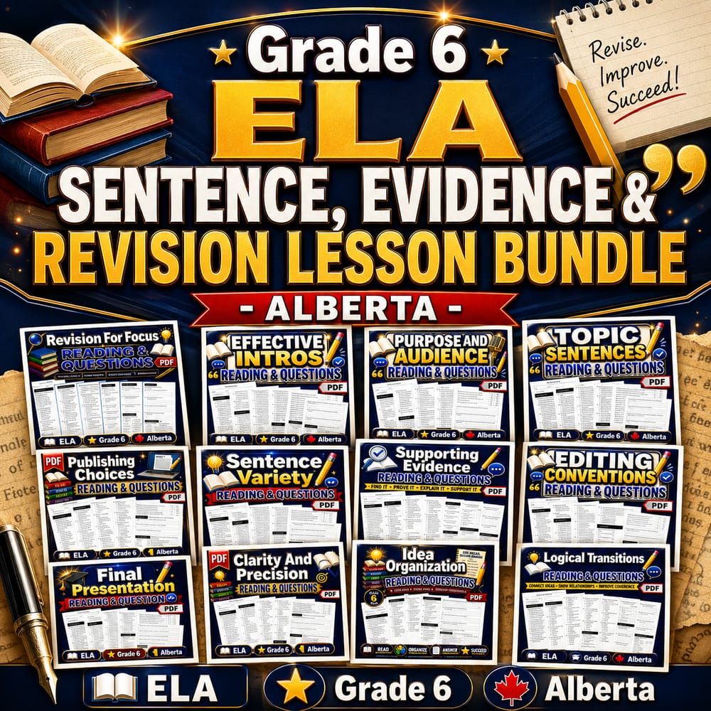Grade 6 ELA Sentence, Evidence & Revision Lesson Bundle – Alberta — bundle cover