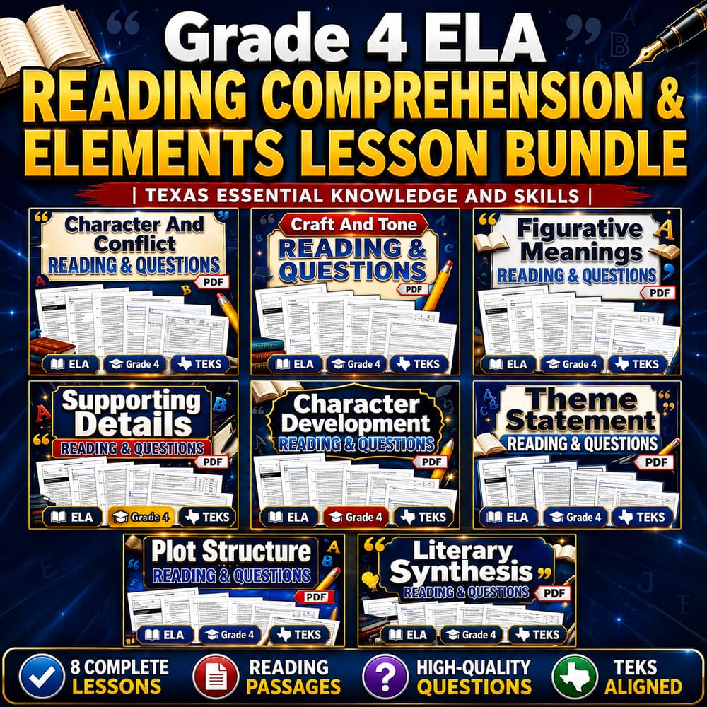 Grade 4 ELA Reading Comprehension & Elements Lesson Bundle | TEKS — bundle cover