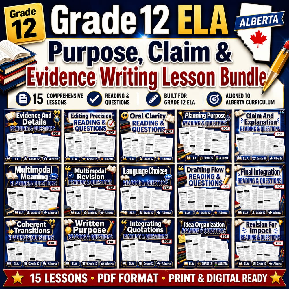 Grade 12 ELA Purpose, Claim & Evidence Writing Lesson Bundle | Alberta — bundle cover