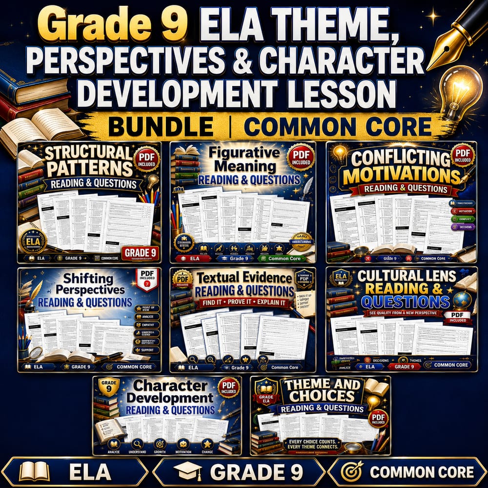 Grade 9 ELA Theme, Perspectives & Character Development Lessons | Common Core — bundle cover
