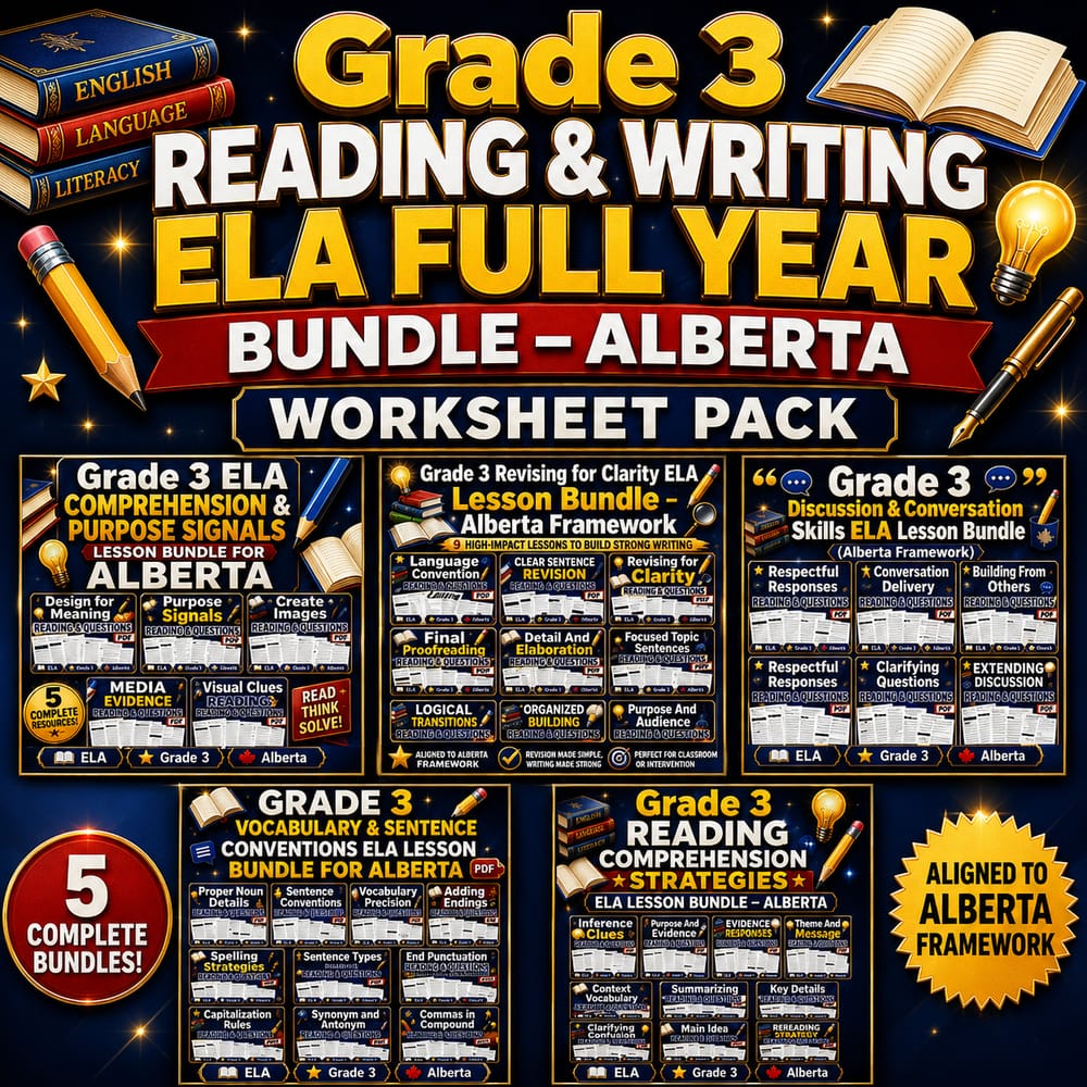 Grade 3 Reading & Writing ELA Full Year Bundle – Alberta Worksheet Pack — bundle cover