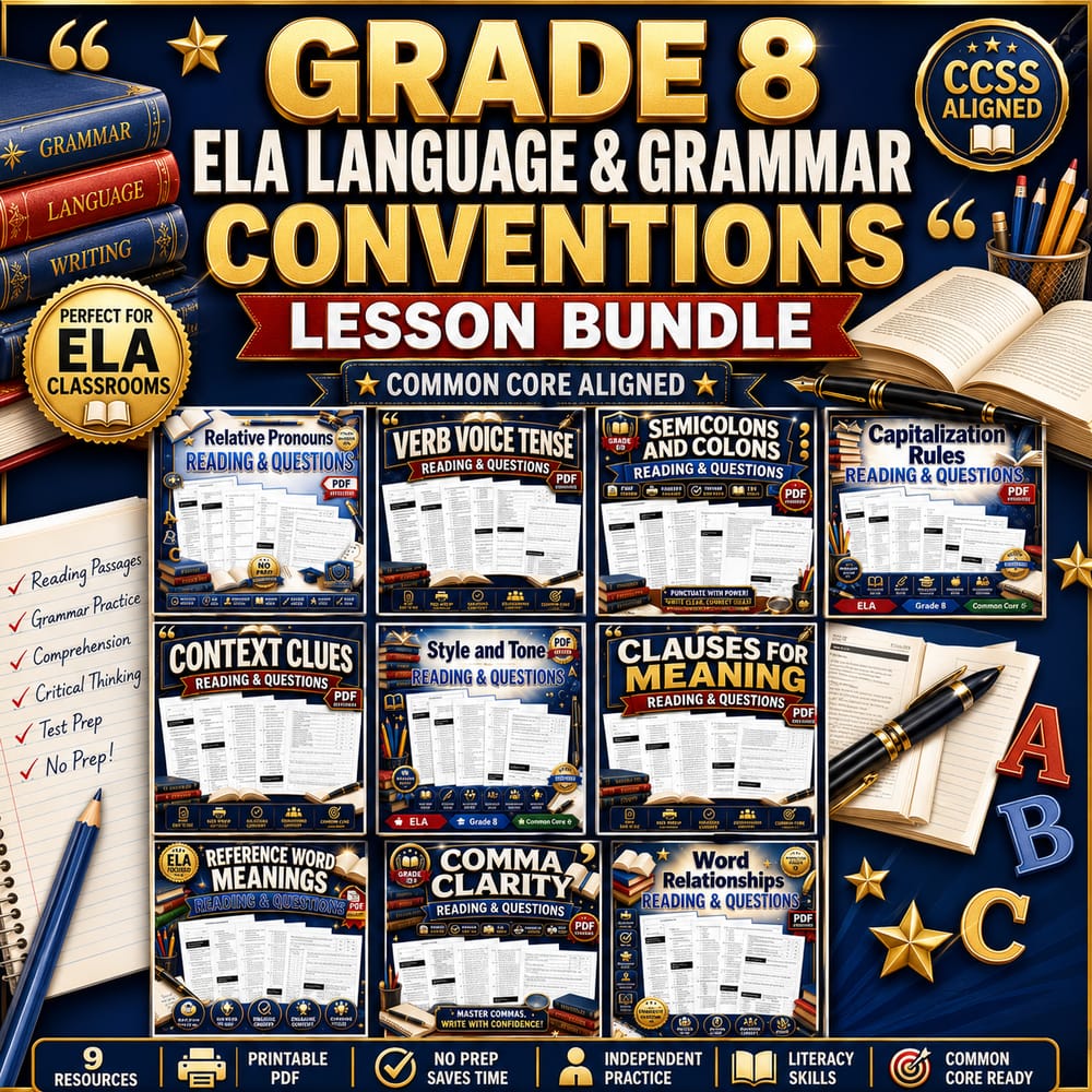 Grade 8 ELA Language & Grammar Conventions Lesson Bundle | Common Core — bundle cover
