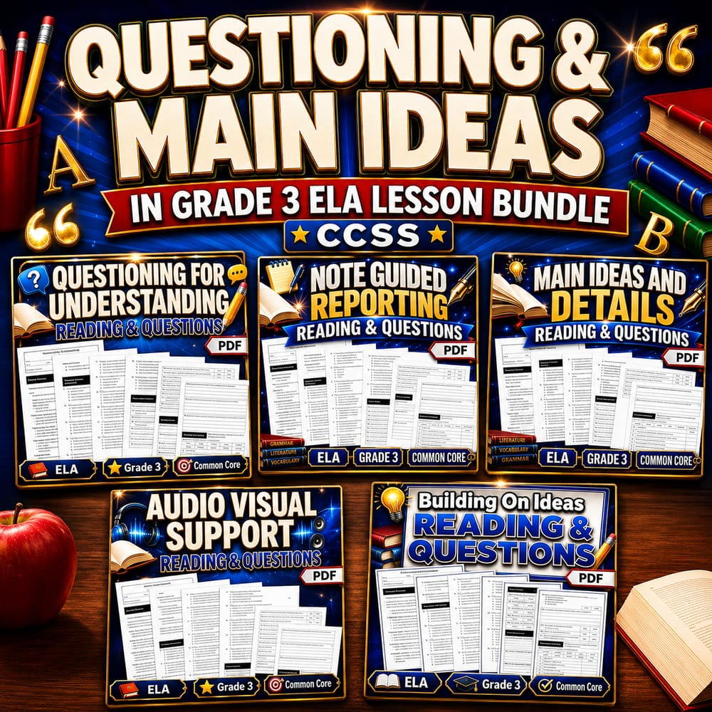 Questioning & Main Ideas in Grade 3 ELA Lesson Bundle | CCSS — bundle cover