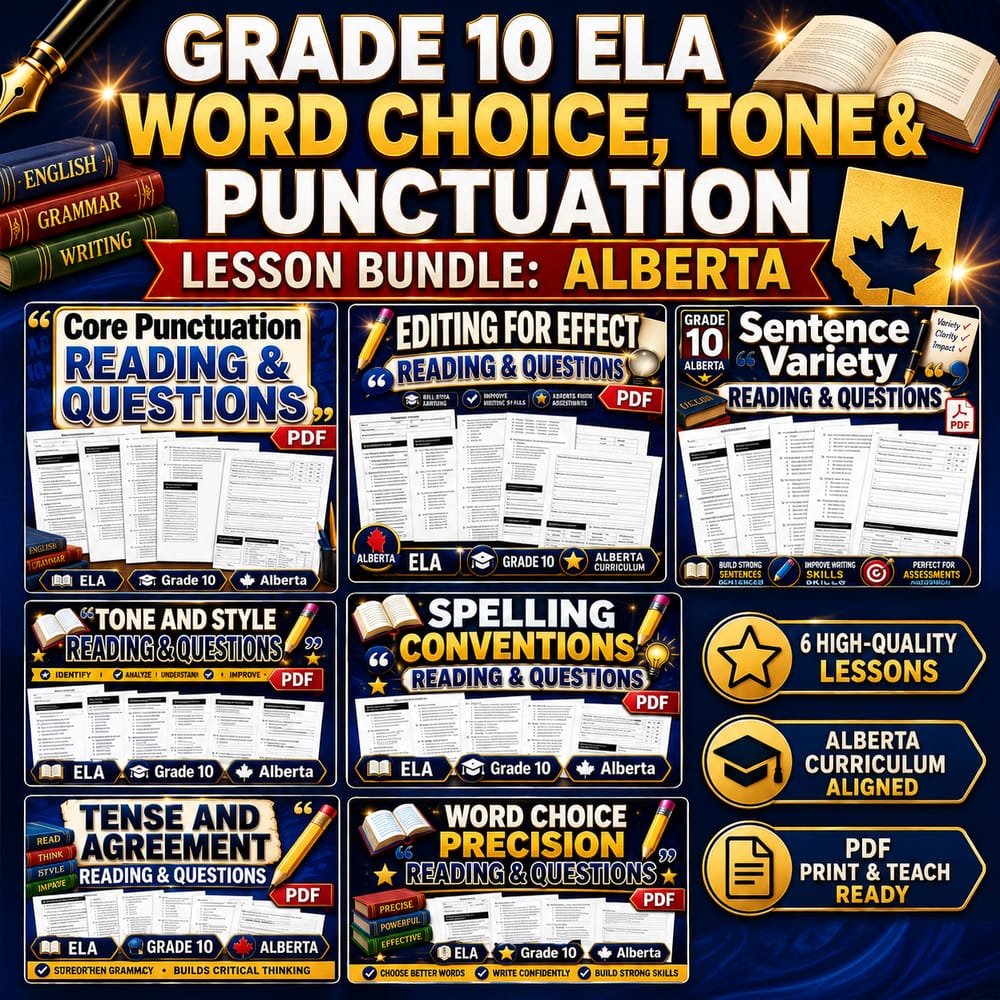 Grade 10 ELA Word Choice, Tone & Punctuation Lesson Bundle: Alberta — bundle cover