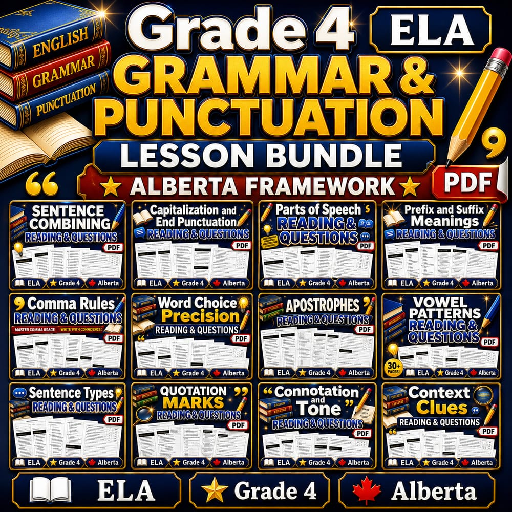 Grade 4 ELA Grammar & Punctuation Lesson Bundle | Alberta Framework — bundle cover