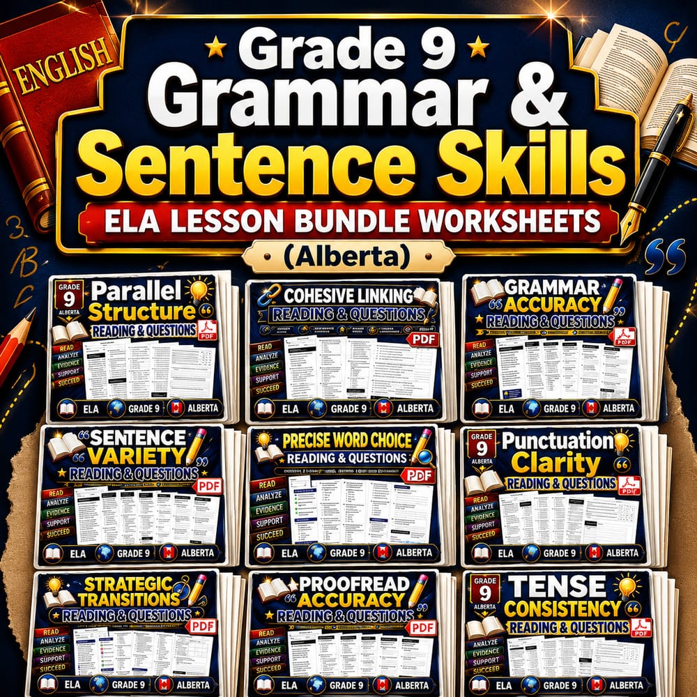 Grade 9 Grammar & Sentence Skills ELA Lesson Bundle Worksheets (Alberta) — bundle cover