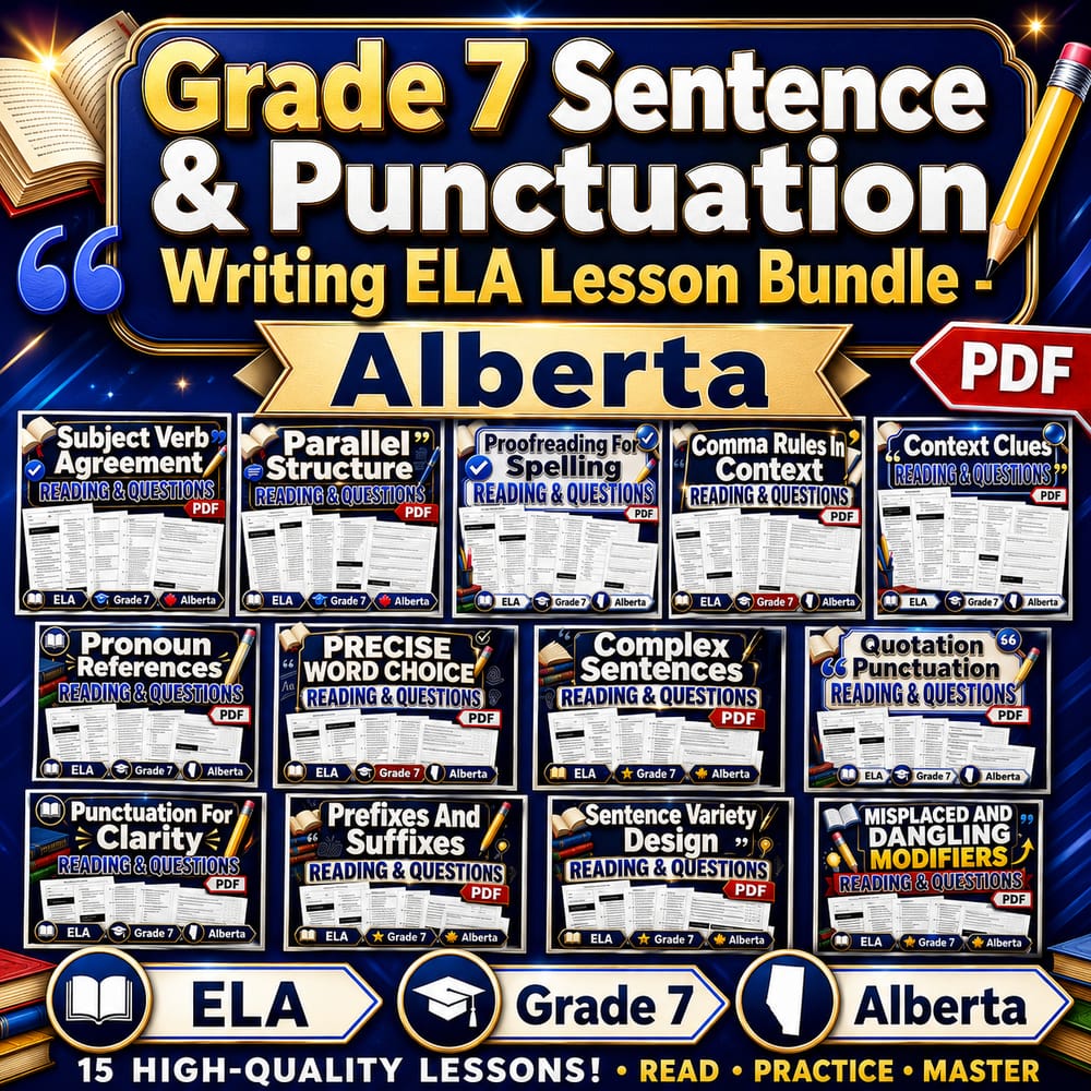 Grade 7 Sentence & Punctuation Writing ELA Lesson Bundle - Alberta — bundle cover