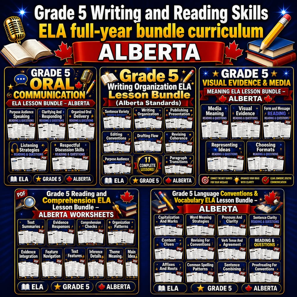 Grade 5 Writing and Reading Skills ELA full-year bundle curriculum Alberta — bundle cover